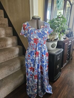 Jessica Simpson Blue and Red Floral Smocked Maxi Dress